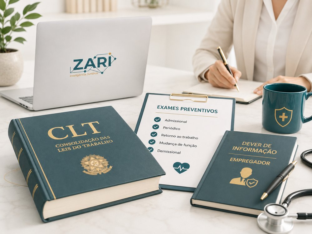 Livro da CLT ao lado de um checklist de exames preventivos e um manual sobre dever de informação do empregador, sobre mesa de escritório